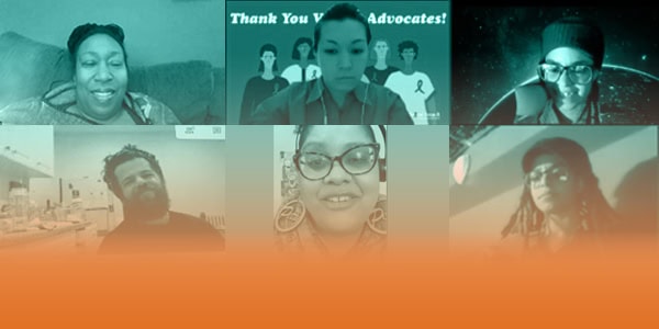 Screen of people in an online meeting with text "Virtually Together"