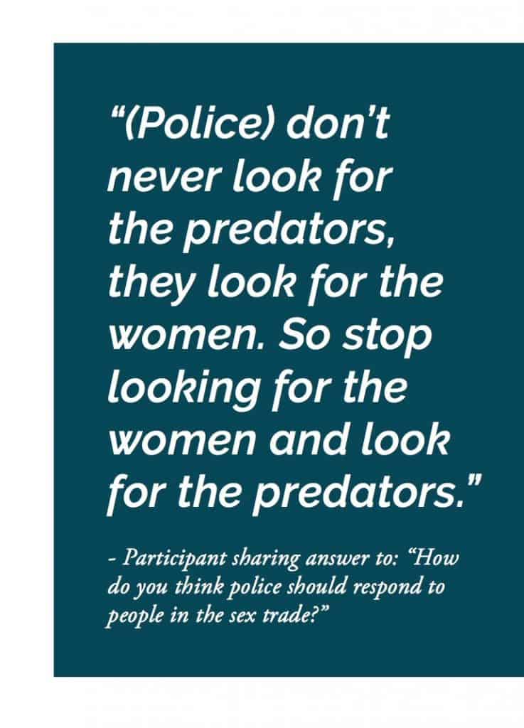 Graphic of a quote stating "(Police) don't never look for the predators, they look for the women. So stop looking for the women and look for the predators." PEOPL Report Participant