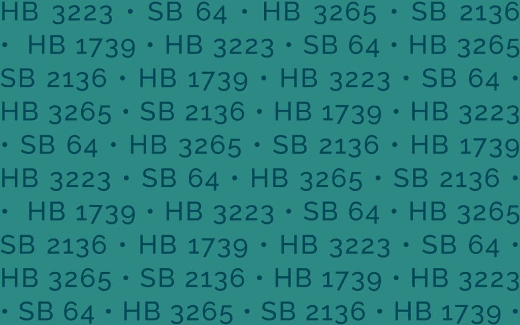 teal background with dark teal text repeating bill numbers: HB 3223 • SB 64 • HB 3265 • SB 2136 • HB 1739
