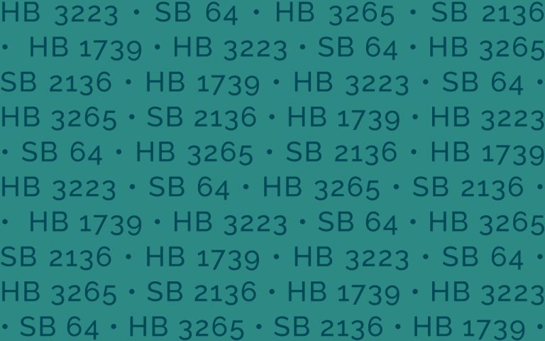 teal background with dark teal text repeating bill numbers: HB 3223 • SB 64 • HB 3265 • SB 2136 • HB 1739