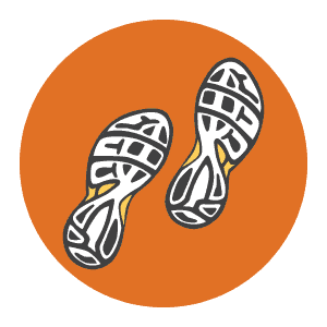 Graphic is an orange circle with an illustration of two sneaker footprints.