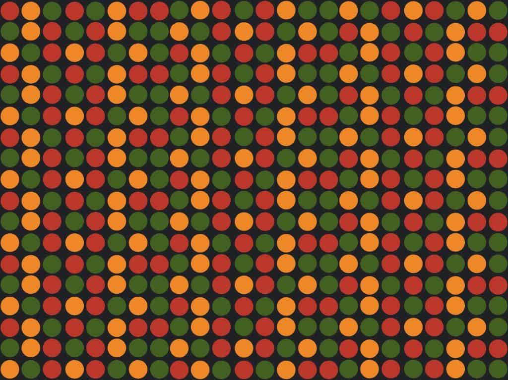 Graphic is a black background with a pattern of red, yellow, and green dots.