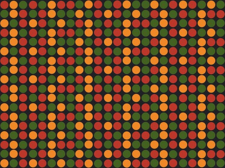 Graphic is a black background with a pattern of red, yellow, and green dots.