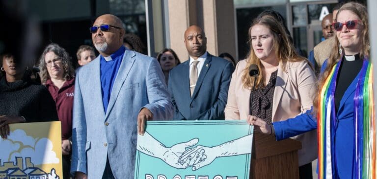 Madeleine Behr speaks at the Pretrial Fairness Act press conference.