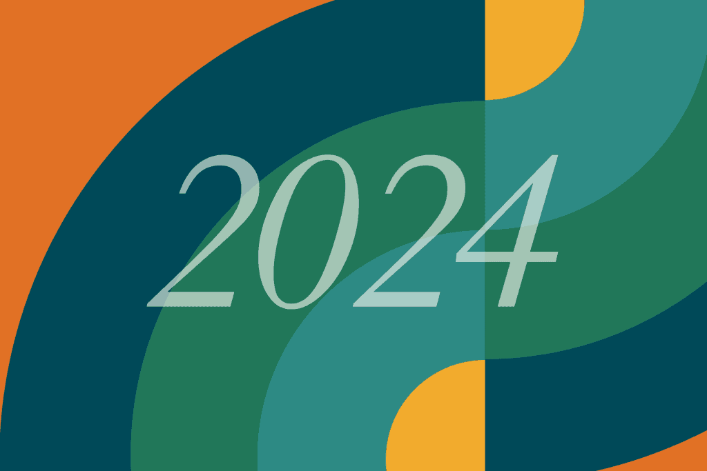 Graphic with curved shapes in teal, blue, and orange. "2024" in in large text in the center of the image.
