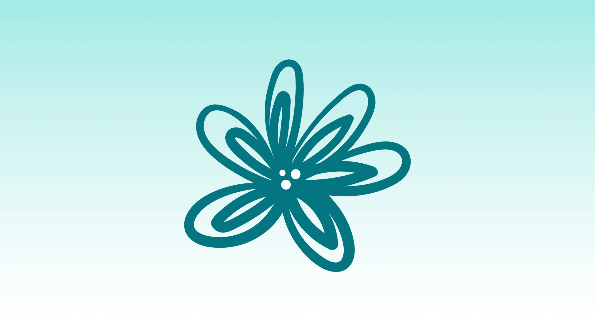 Light blue background with a teal flower illustration in the center.