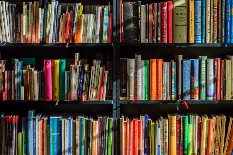 A photo of a colorful bookcase.