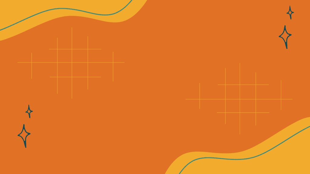 Graphic with an orange background, yellow curved shapes in the corners, and drawings of small star shapes in the other corners.