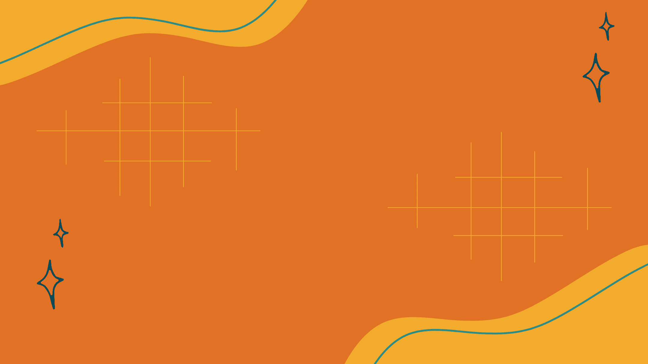 Graphic with an orange background, yellow curved shapes in the corners, and drawings of small star shapes in the other corners.