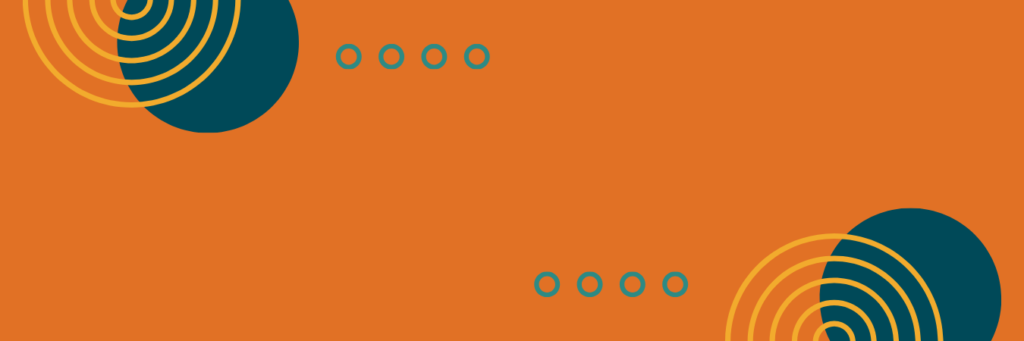 Image is am orange design with dark blue, teal, and yellow circle patterns in the corners.