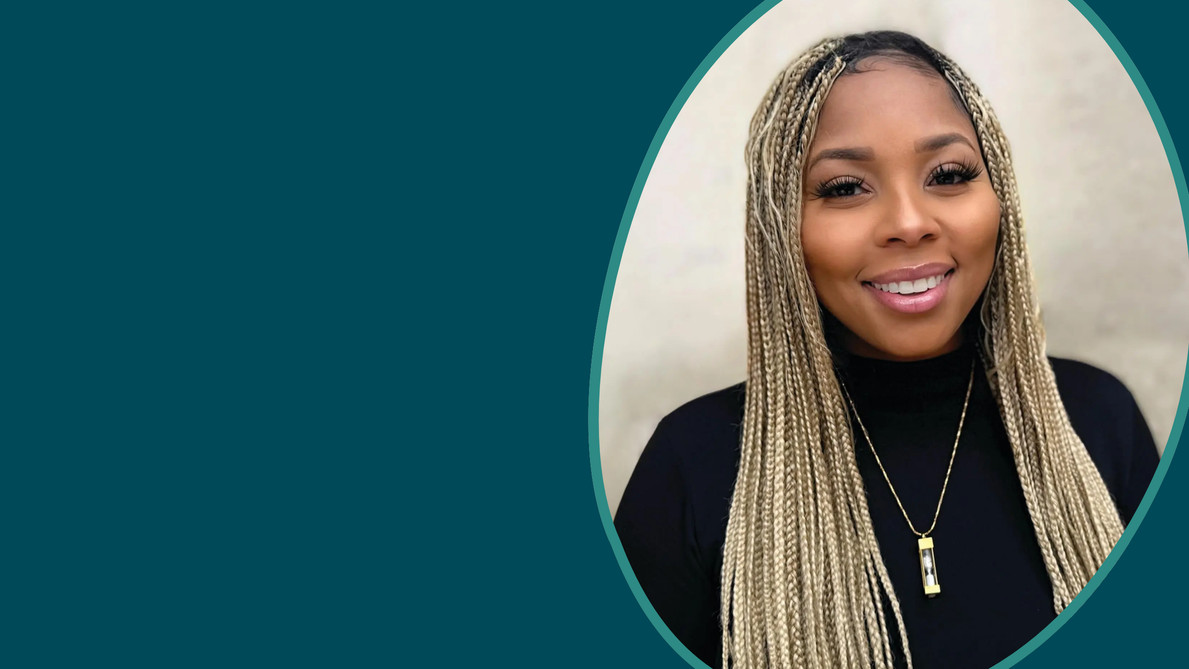 Background is dark blue. A circle frame show a headshot of Rashona Landfair. She is a Black woman with blonde brains, wearing a black shirt, smiling at the camera.