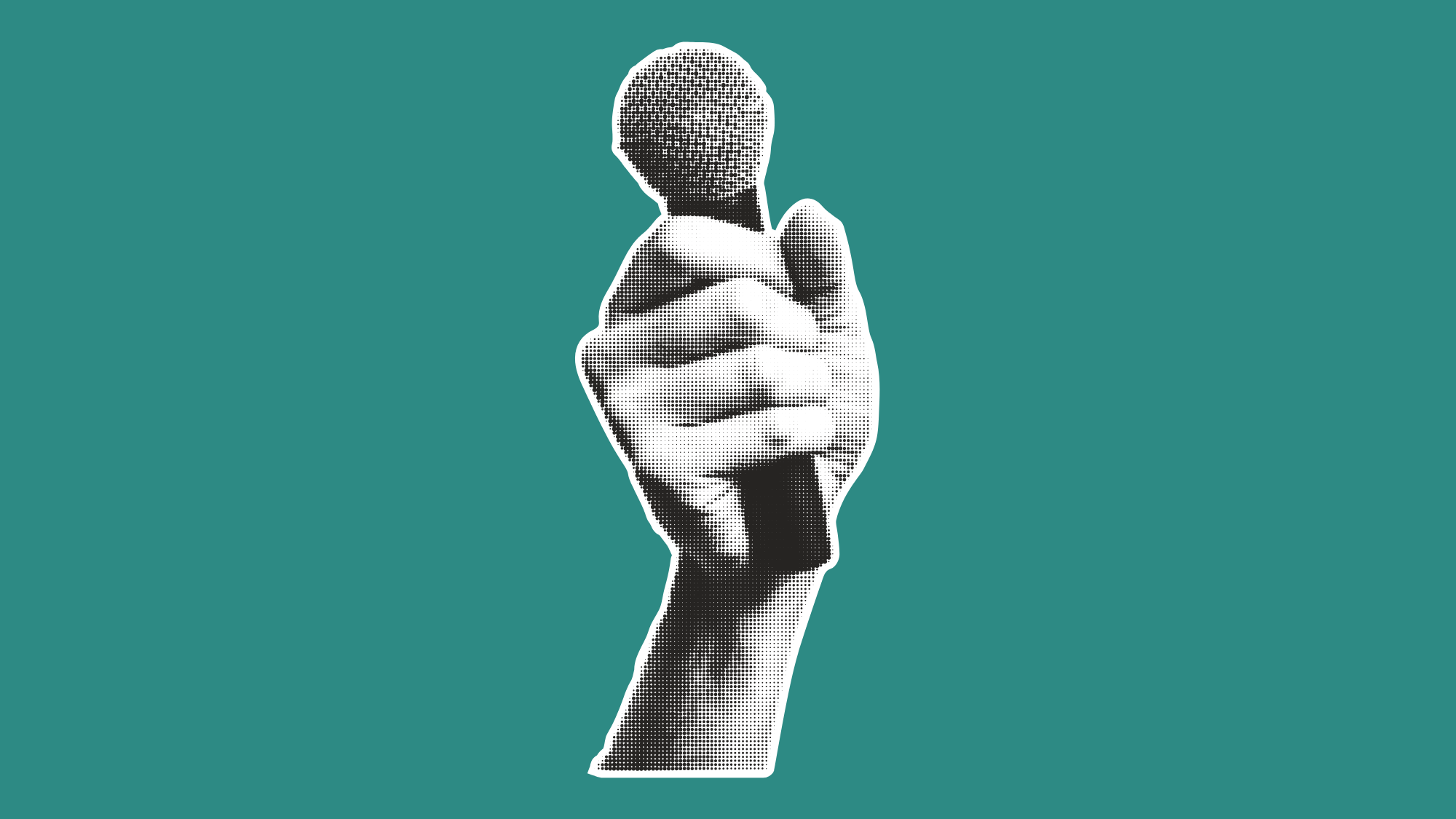 Solid teal background with a black and white photo of a hand holding a microphone in the center.
